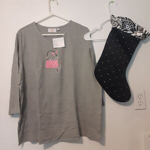 Quaker Factory Womens 2X Party Girls Holiday T Shirt With Stocking Embroidered